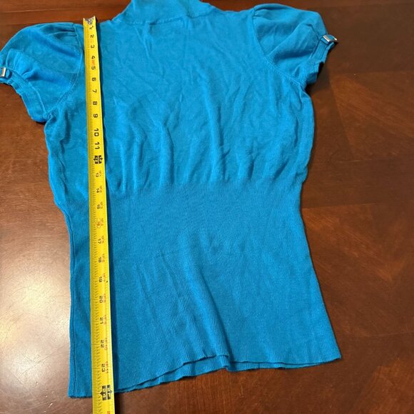 Express Design Studio Blue Puff Sleeve Mock Neck Sweater Top L Y2K Retro Ribbed - Picture 4 of 9